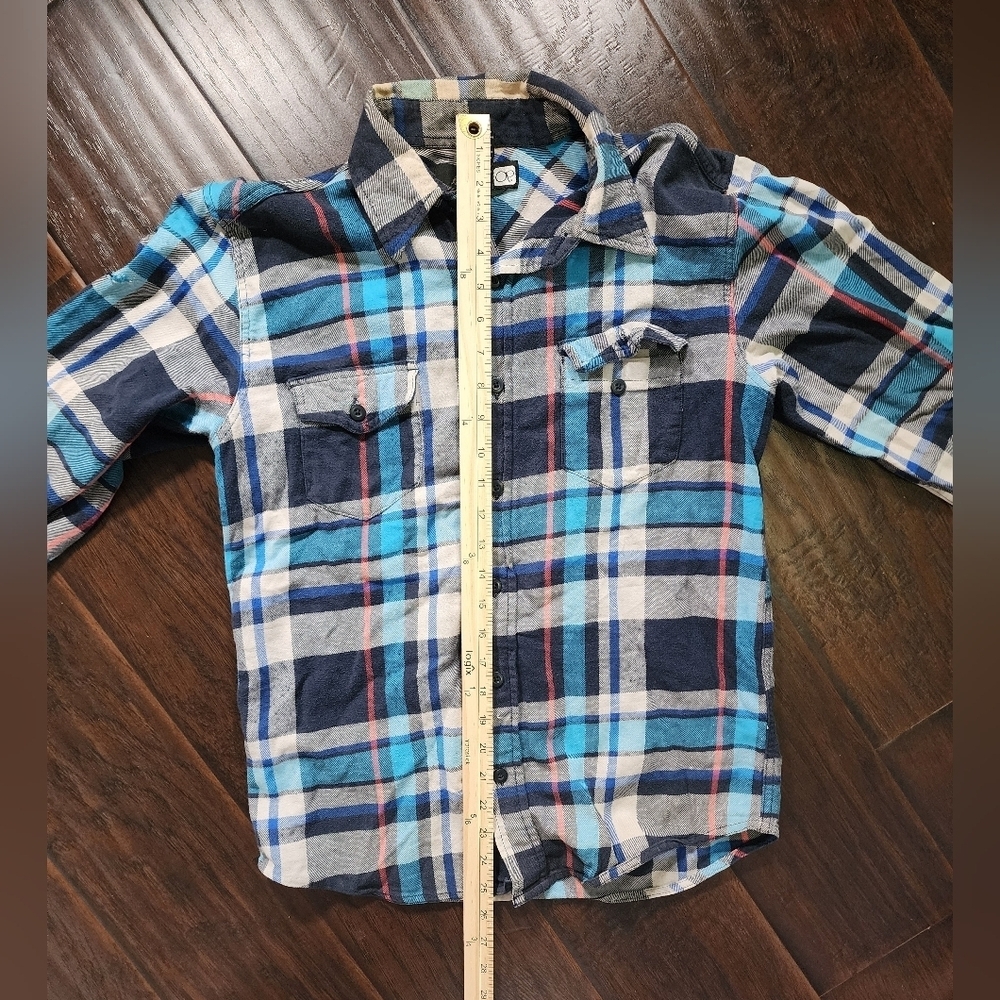 Mens OP Flannel Button Up Distressed Plaid Long Sleeve Top - Picture 2 of 10